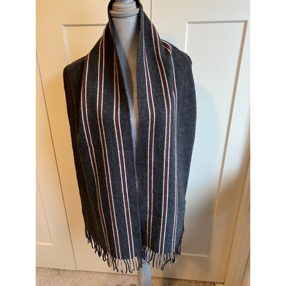 1901 Wool Fringe Scarf Wrap Mens Womens 13" X 75" Gray Stripe Design Unisex SKU2